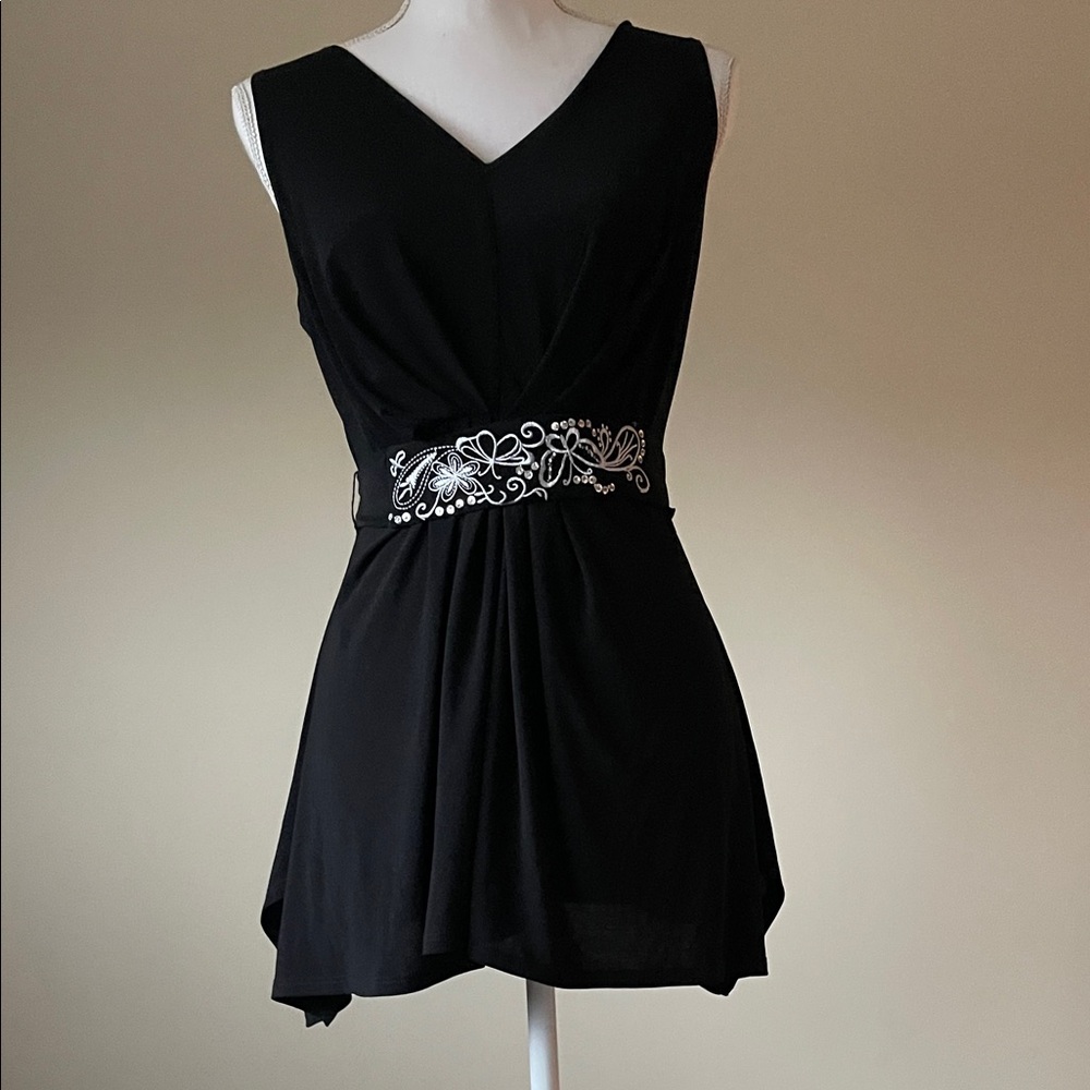 Black Sleeveless Shirt with Embellished Waist